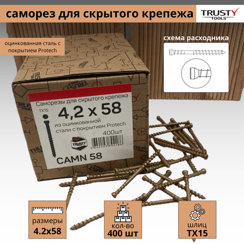 фотография Саморезы для скрытого крепежа Trusty CAMN 4.2х58 400 шт, купить онлайн за 2090 рубл